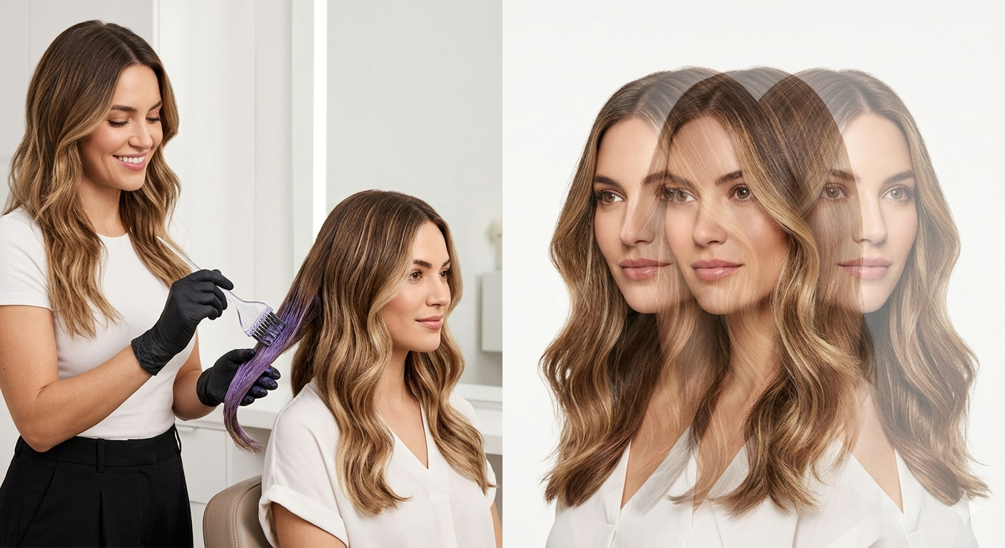 Professional hairstylist in a modern HOB - House of Beauty salon applying a moisture-rich color vibrancy treatment to a model with healthy, dimensional hair, demonstrating a routine to extend hair color life.