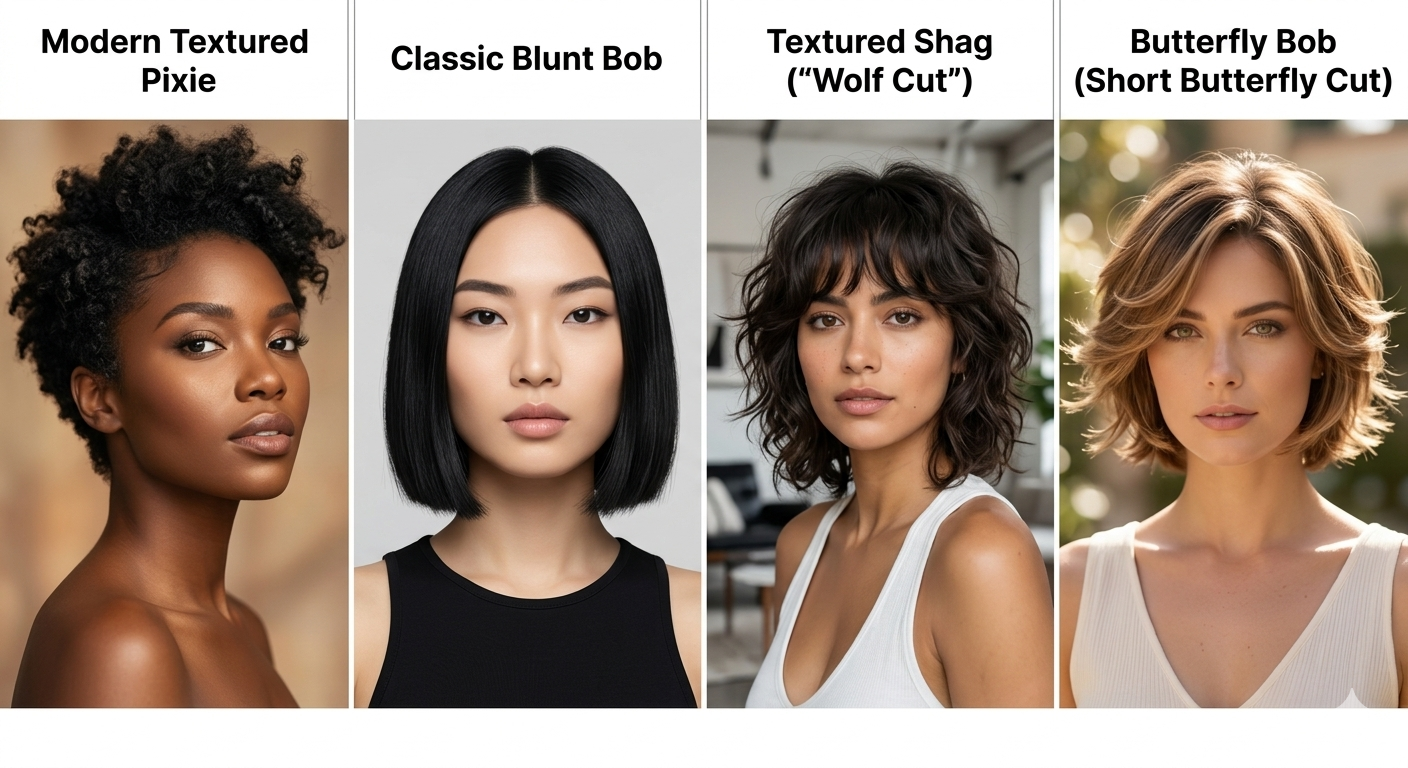 Four trending short haircuts for women side-by-side: a Modern Textured Pixie on a Black woman, a sleek Classic Blunt Bob on an Asian woman, a wavy Textured Shag Wolf Cut, and a voluminous Butterfly Bob haircut at HOB - House of Beauty salon.