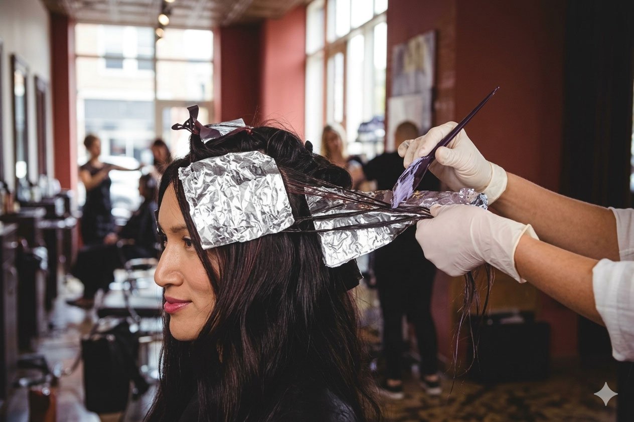 Professional hairstylist applying foil highlights to a brunette woman's hair at HOB - House of Beauty unisex salon.