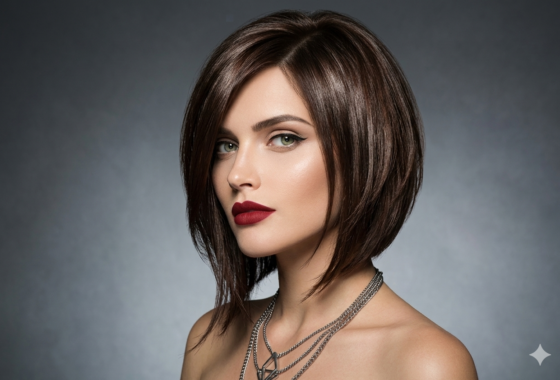 Chic asymmetrical brunette bob haircut with glossy global hair color and precision styling at HOB Salon