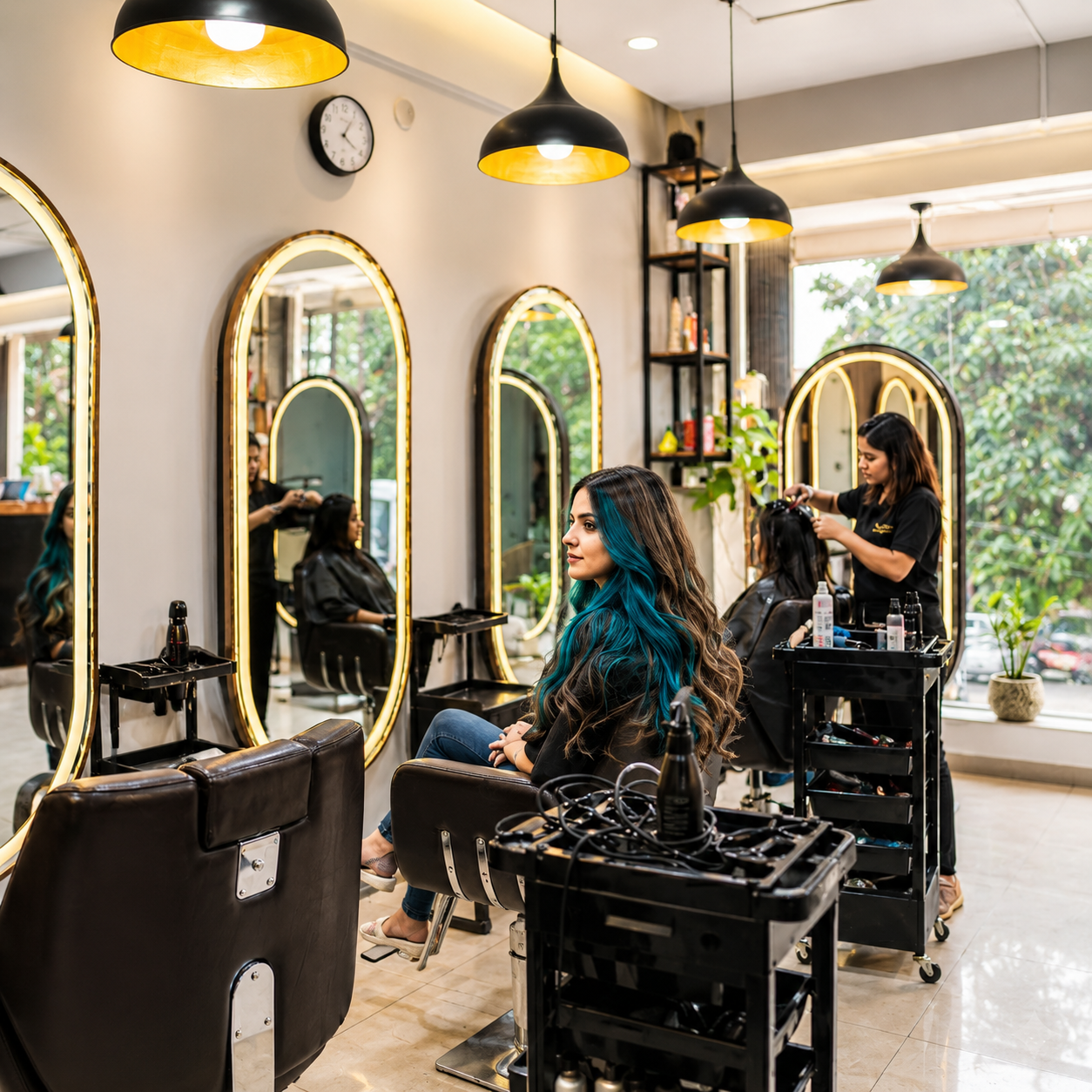Professional hair coloring service at HOB Salon, showcasing high-end hair styling with trendy teal hair highlights in a modern, luxury salon atmosphere.