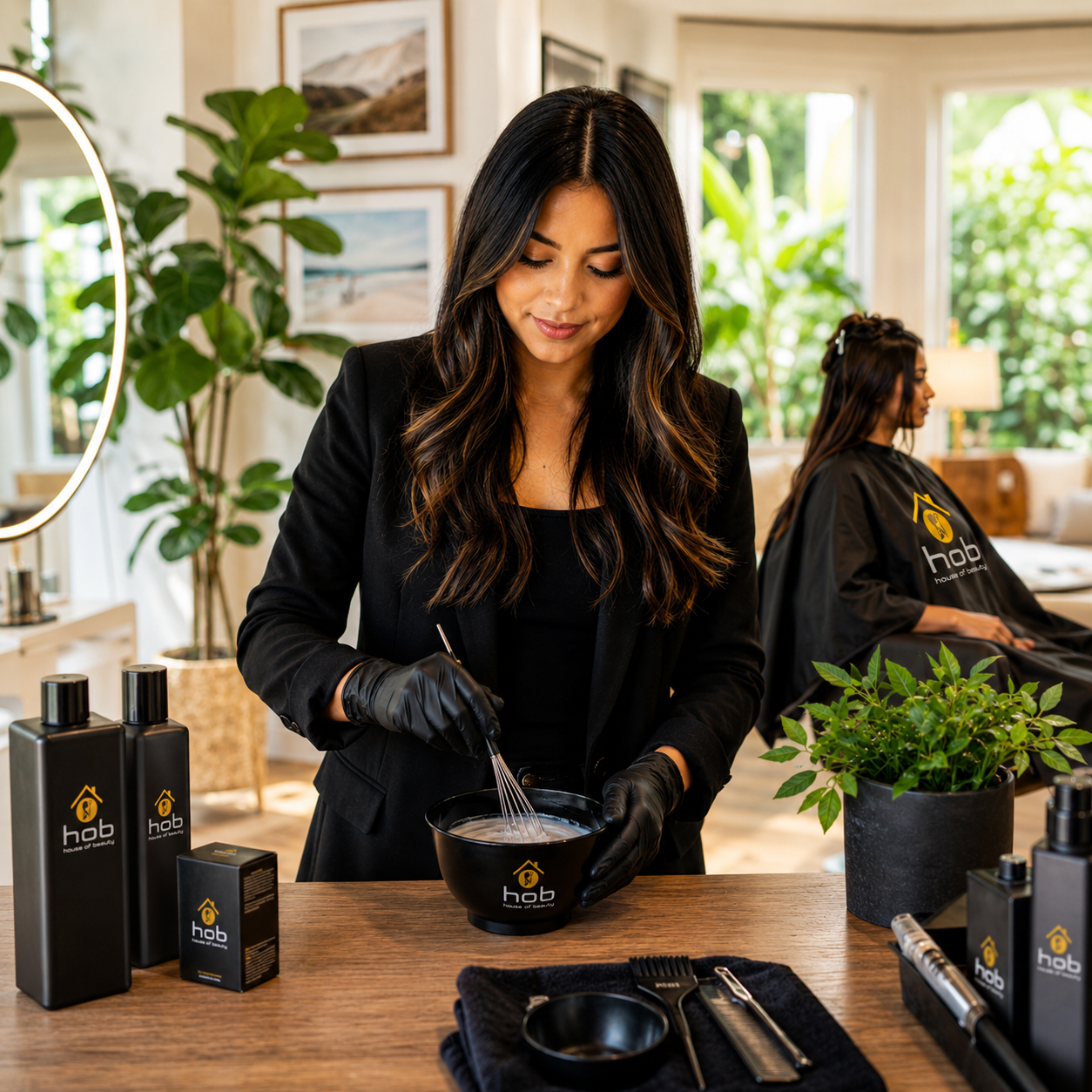 Professional hairstylist in a bright luxury home-salon setting preparing a hair treatment in a black mixing bowl, surrounded by premium HOB House of Beauty branded products and tools. A client wearing a black HOB salon gown is visible in the softly blurred background, creating a clean, modern, and professional beauty service atmosphere with natural lighting and elegant interior décor.